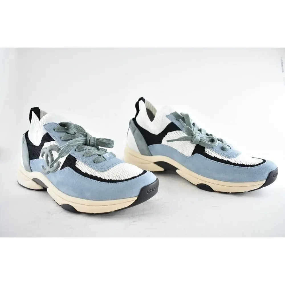 Chanel 22C Mens Blue White Grey Suede Knit CC Logo Low Top Trainer Sneaker 44 11 - Picture 2 of 8
